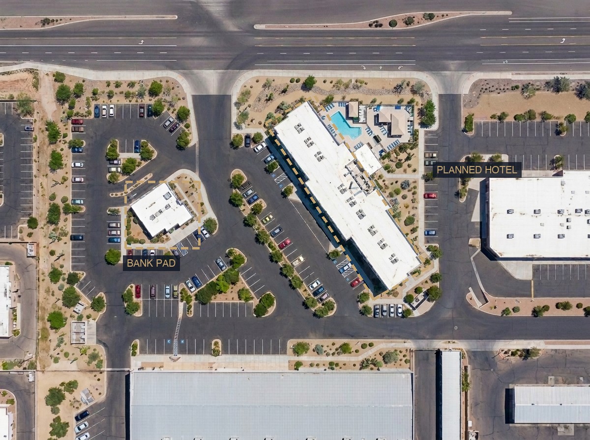 San Savino Village — conceptual aerial rendering showing the planned hotel and bank pad