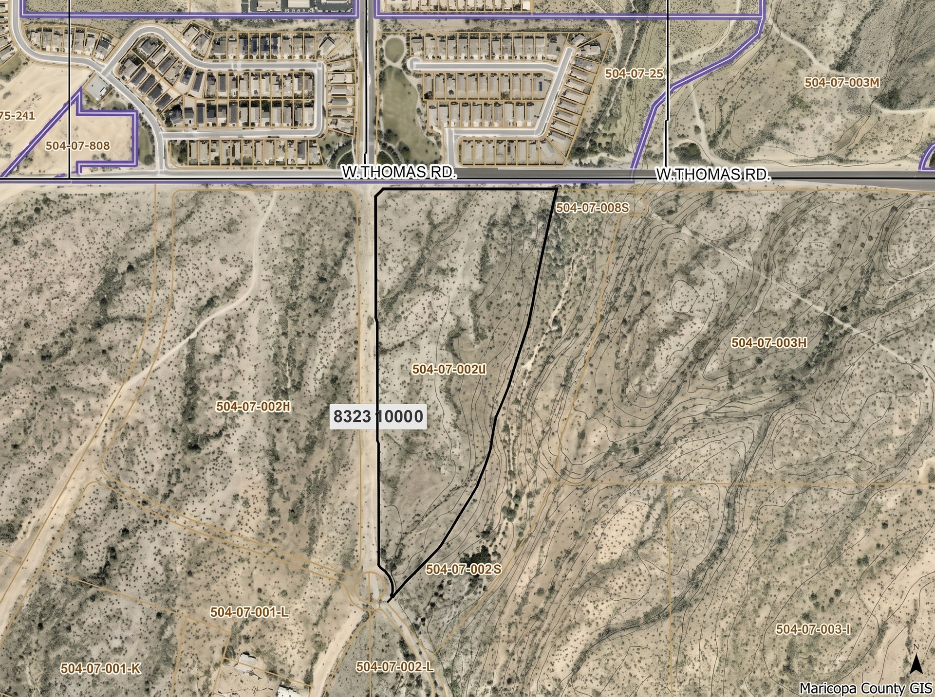 Tartesso — county aerial exhibit showing the 23.37-acre multifamily-zoned parcel south of Thomas Road in Buckeye